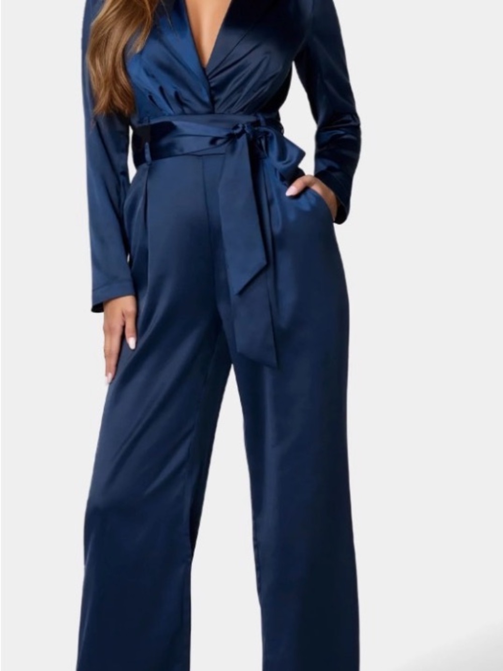 bebe Satin Navy Wrap Jumpsuit with Self-Tie Waist